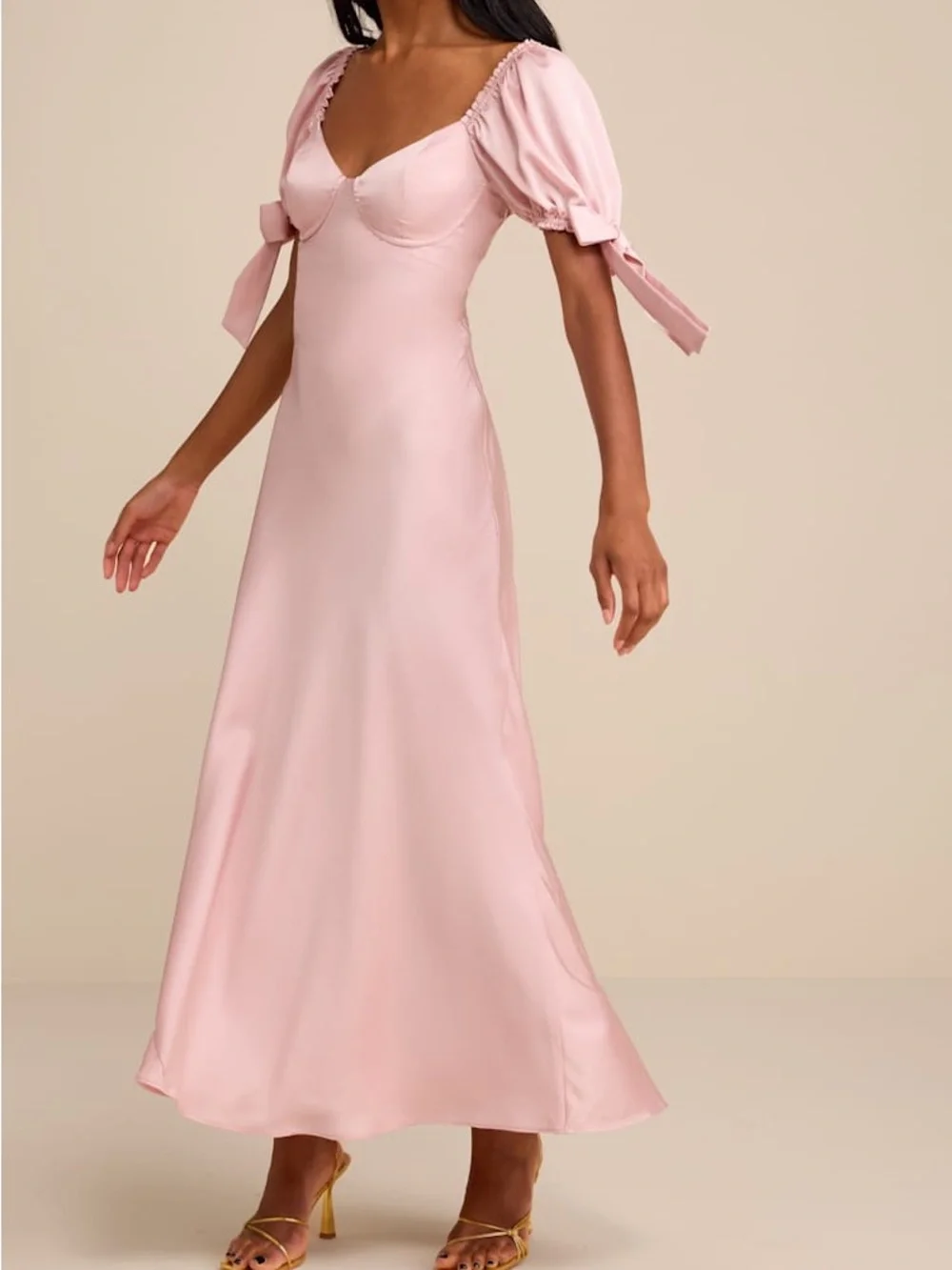 Lulus Santa Marta Blush Pink Satin Puff Sleeve Bow Maxi Dress Size S NWT